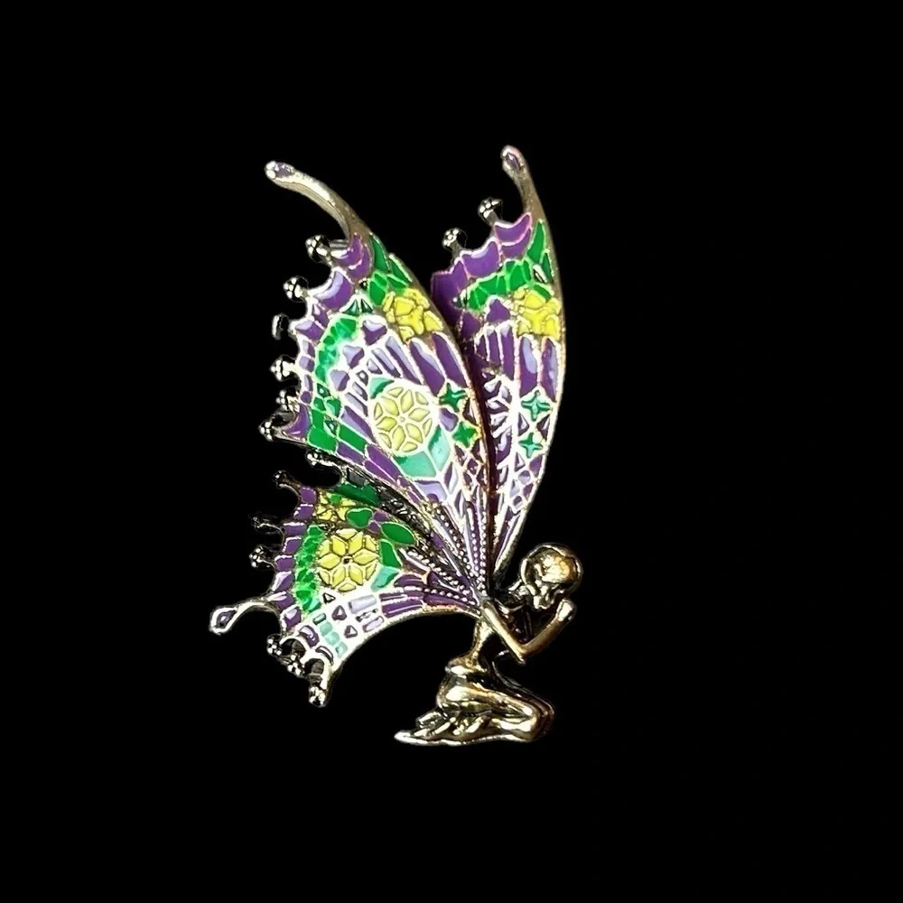 Fairy Brooch Kneeling Praying  Demential Colorful Wings Feminine Fairycore Pin
